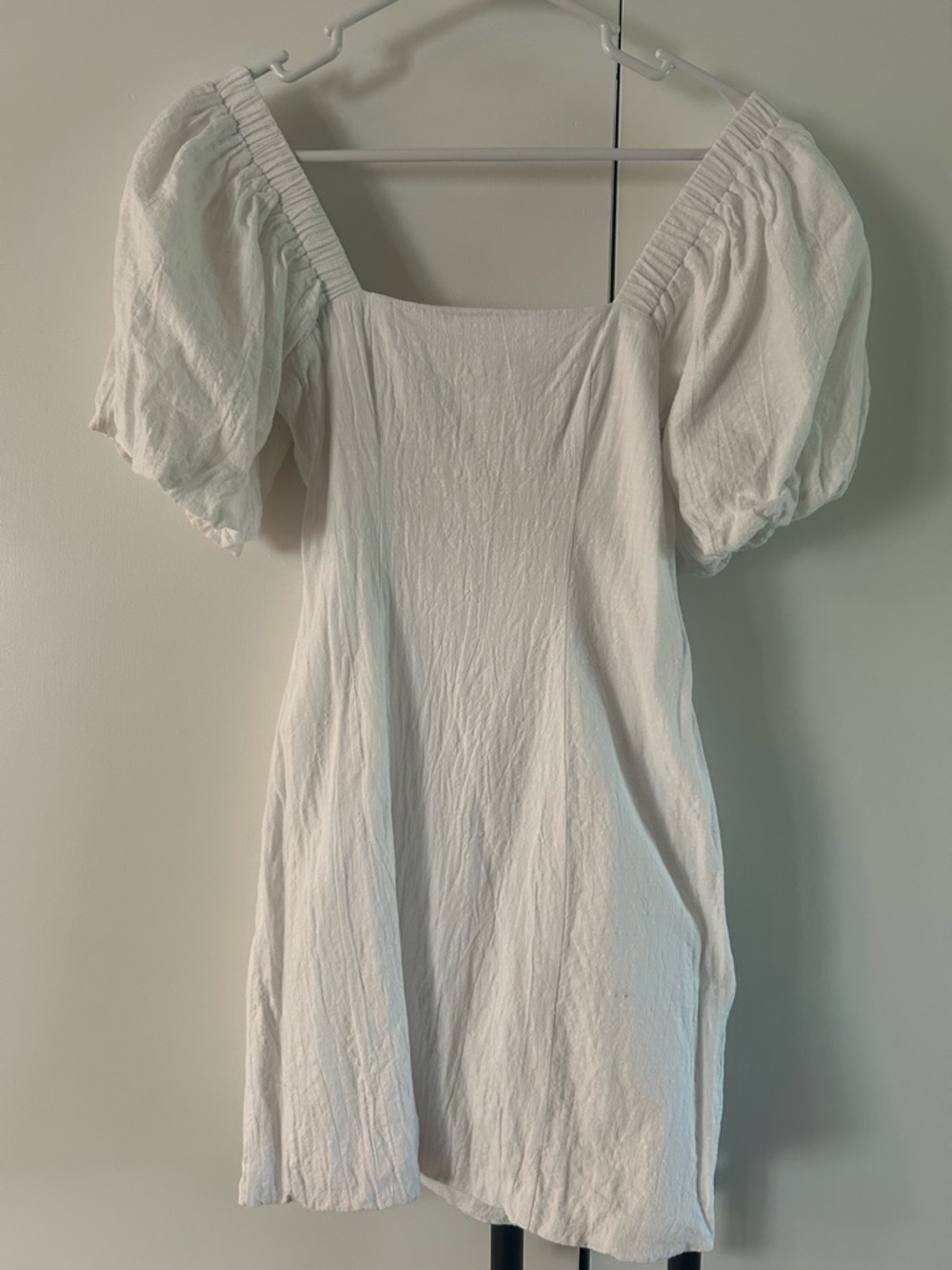 Women's White Puff-Sleeve Square Neck Cotton Mini Dress